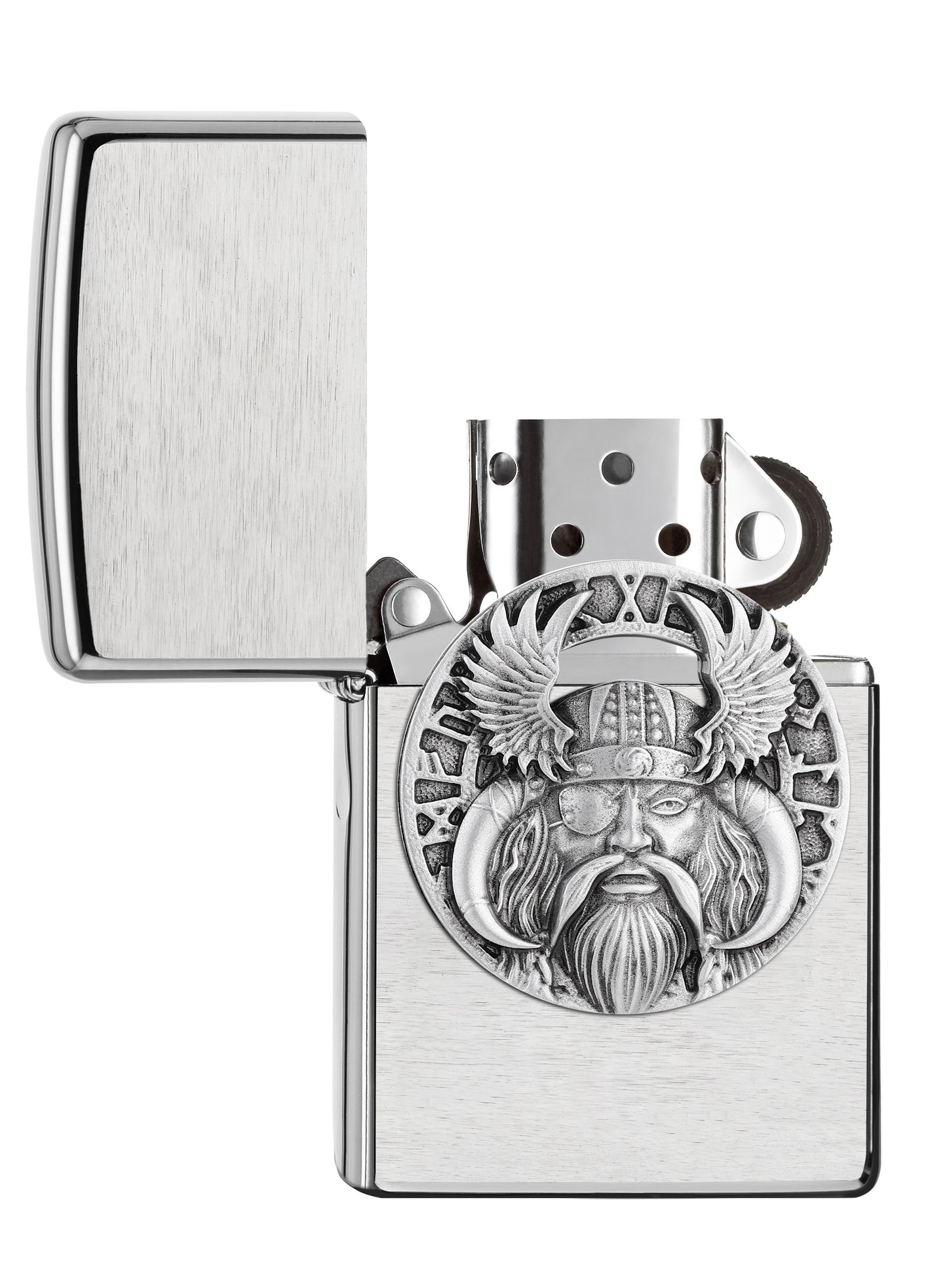 Zapalniczka Zippo chrom szczotkowana Odin Viking z hełmem typu bullhorn i opaską na oko otwieraną bez płomienia