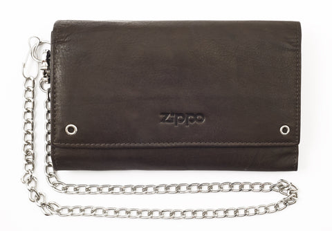 Widok z przodu portfel w formacie poziomym z łańcuszkiem i logo Zippo