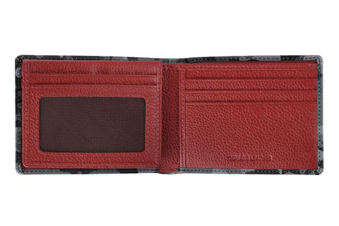 Skórzany portfel Zippo szary wzór moro z logo Zippo otwarty z czerwonym wnętrzem
