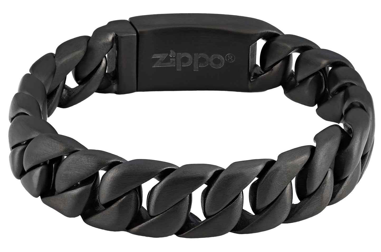 Widok z przodu bransoletka Zippo ze stali nierdzewnej czarna z grubymi ogniwami i logo Zippo po wewnętrznej stronie zapięcia