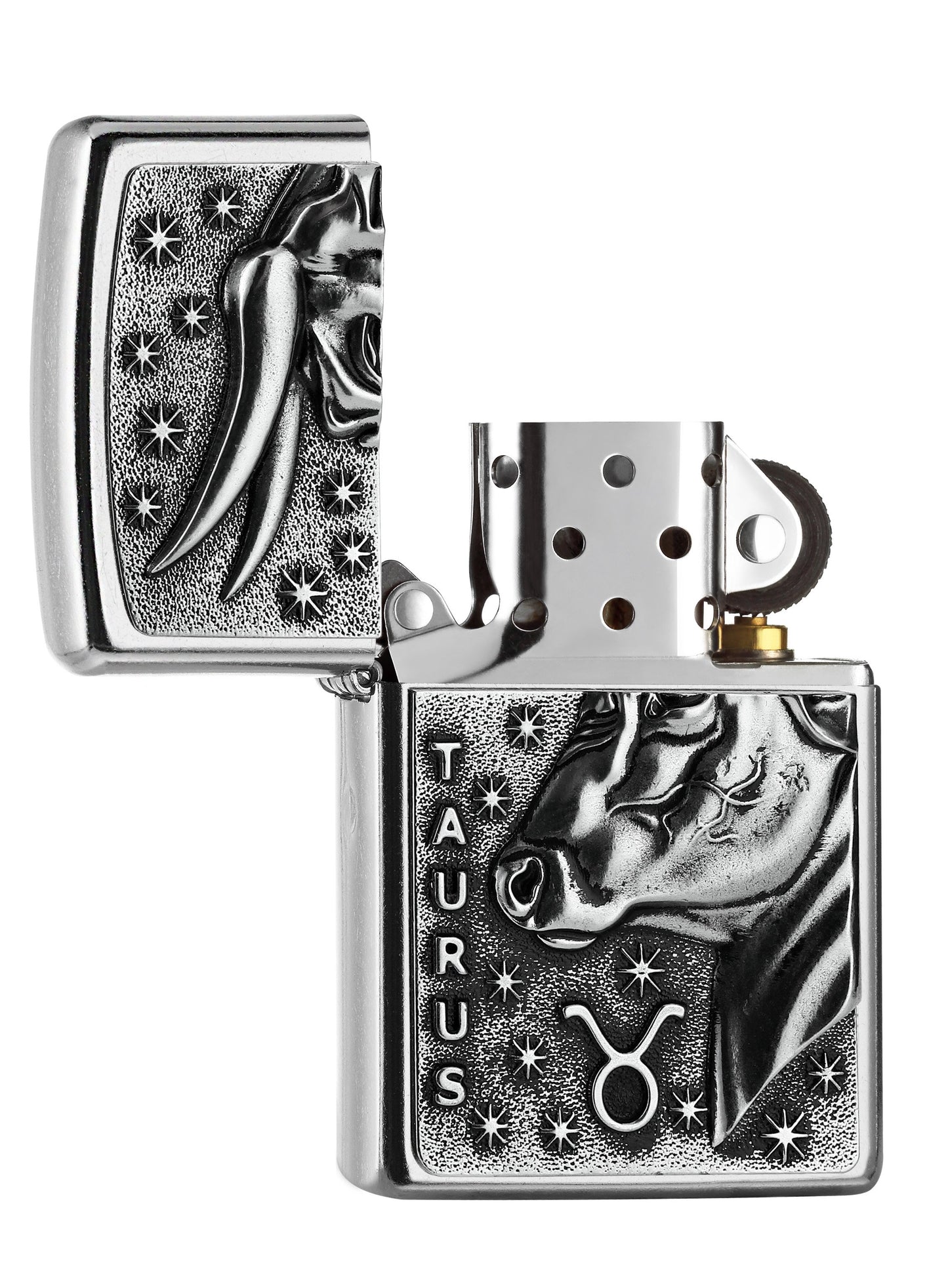 Widok z przodu zapalniczka Zippo Street Chrome z emblematem byka i napisem Taurus otwarta