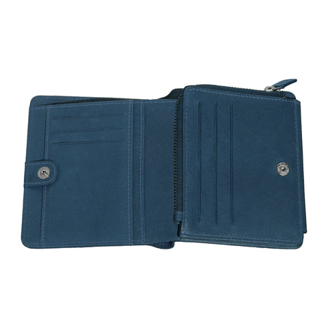 Wewnątrz Zippo Denim i niebieski skórzany portfel z zamkiem błyskawicznym, dwie przegródki i logo otwarte