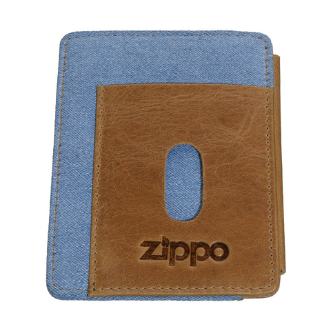 Widok z przodu Etui na karty kredytowe Zippo, niebieskie dżinsy i skóra z wytłoczonym logo