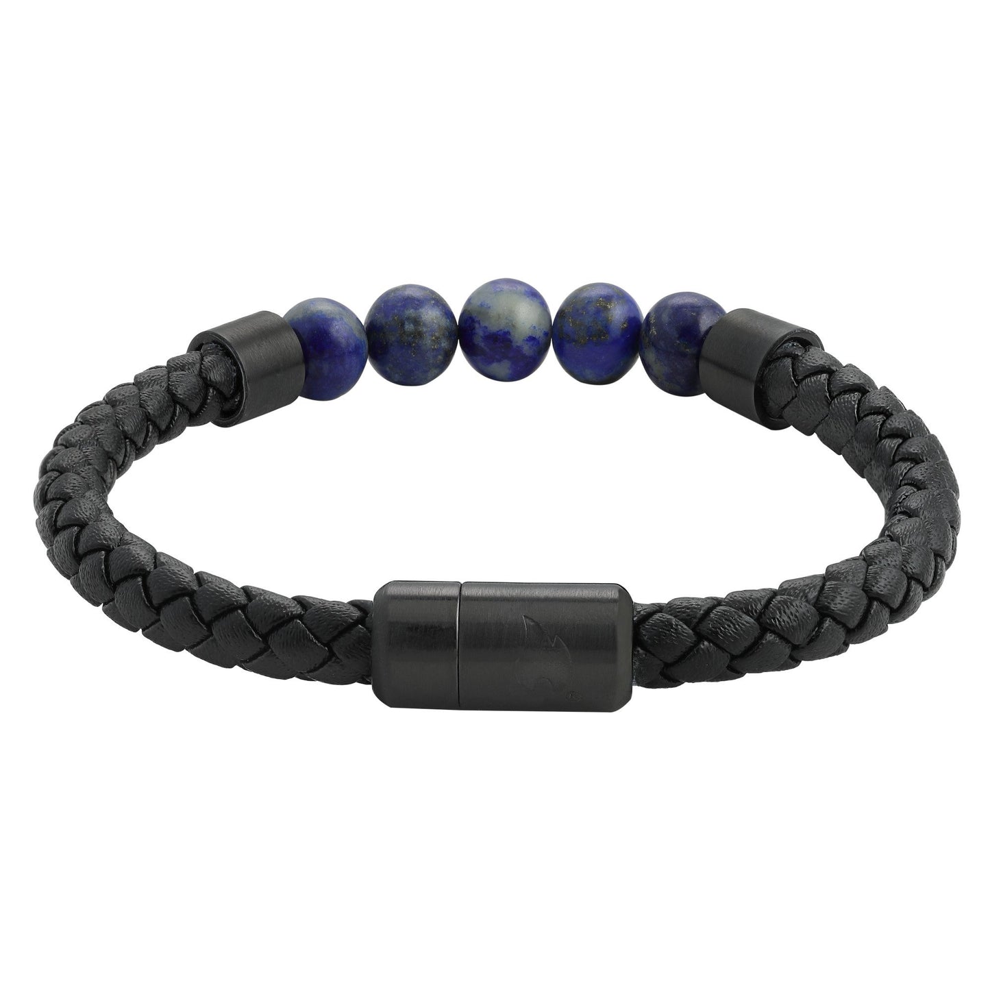 Widok z tyłu Czarna skórzana bransoletka Zippo z niebieskimi kamieniami półszlachetnymi i płomieniem Zippo