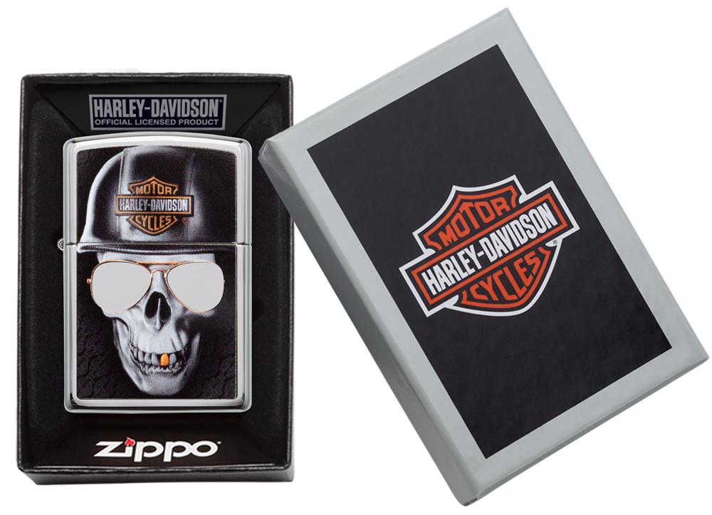 Zapalniczka Zippo chrom Harley-Davidson duża czaszka w hełmie w otwartym pudełku
