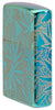 Widok z boku na przód zapalniczki Zippo 360 stopni Design High Gloss Green z liśćmi konopi i grzybami