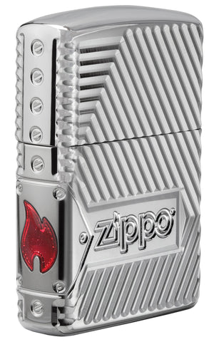 Widok z przodu kąt 3/4 zapalniczka Zippo z głęboko grawerowanymi liniami i logo Zippo