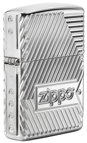 Widok z tyłu zapalniczka Zippo z głęboko grawerowanymi liniami i logo Zippo