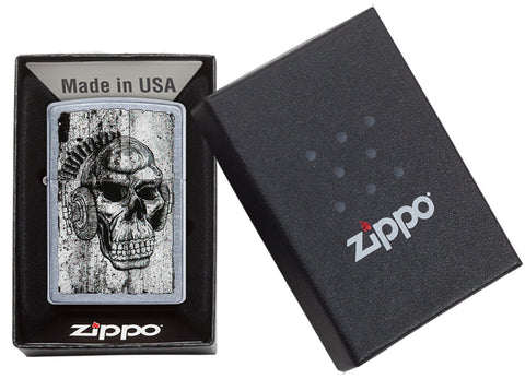 Zapalniczka Zippo czarna czaszka w słuchawkach w otwartym pudełku