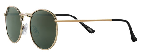 Zippo Okulary przeciwsłoneczne Widok z przodu ¾ kąta z okrągłymi soczewkami i cienką metalową oprawką w kolorze Złoto z czarną końcówką