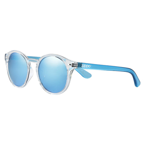 Okulary przeciwsłoneczne Zippo Widok z przodu ¾ kąta z przezroczystą oprawką, soczewkami i zausznikami w kolorze jasnoniebieskim