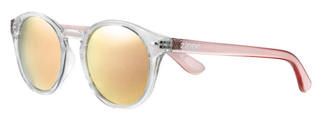 Okulary przeciwsłoneczne Zippo Widok z przodu ¾ kąta z przezroczystą oprawką, soczewkami i zausznikami, różowe