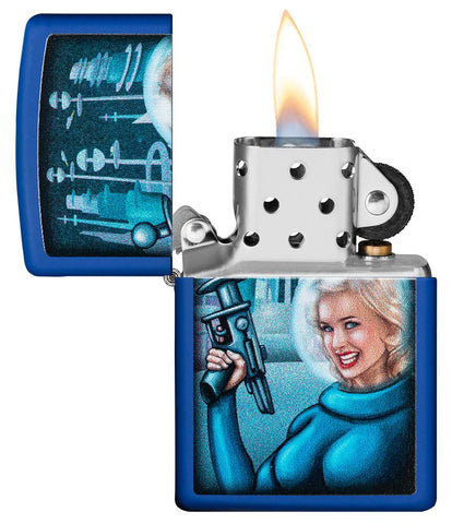 Zapalniczka Zippo Retro Futuristic Royal Blue Pinup Woman With Ray Gun Web Debut Opened With Flame