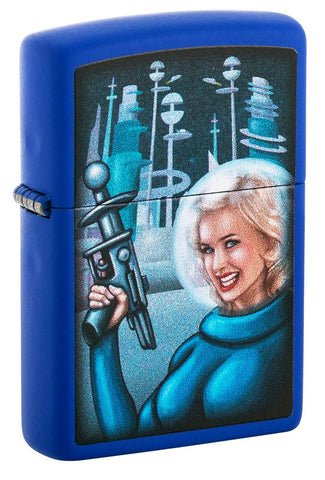 Widok z przodu 3/4 kąta Zapalniczka Zippo Retro Futuristic Royal Blue Pinup Woman With Ray Gun Web Debut
