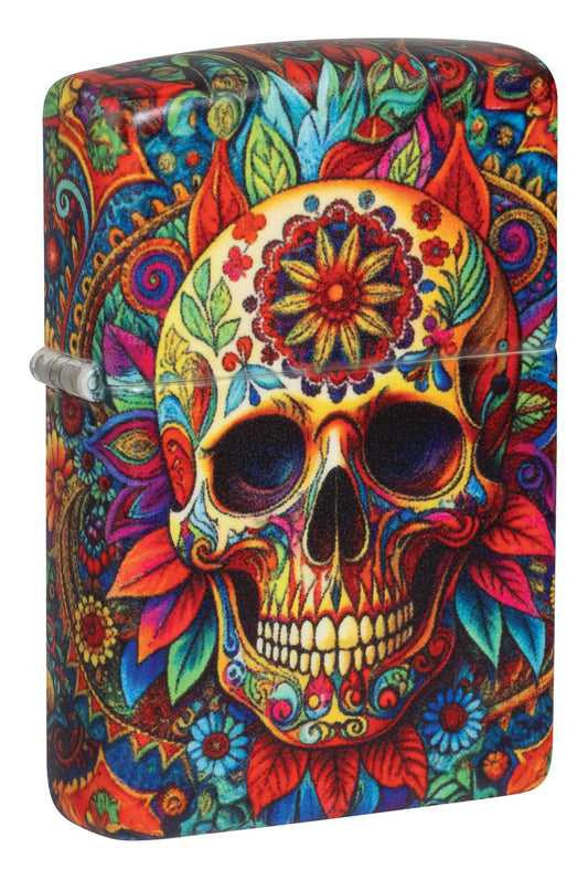 A lighter with rounded corners featuring a vibrant, multicolored sugar skull design on its body, complete with a silver metal clasp on the left side.