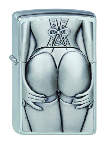 Widok z przodu zapalniczka Zippo chrom emblemat z efektem specjalnym z seksowną kobietą w gorsecie i pończochach