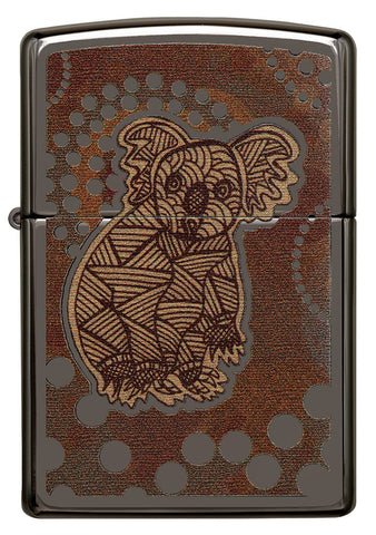Zapalniczka Zippo z przodu Black Ice® z kolorową ilustracją przedstawiającą koalę w stylu sztuki aborygeńskiej.