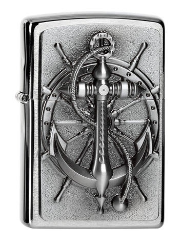Widok z przodu zapalniczka Zippo chrom z emblemat ze sterem i kotwicą