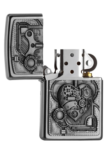 Zapalniczka Zippo chrom emblemat z sercem z mechanicznych elementów otwarta