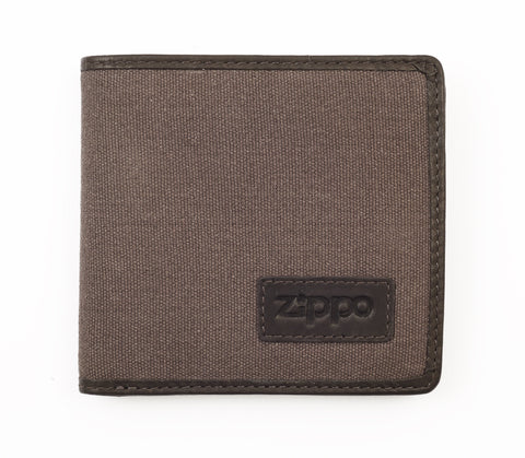 Widok z przodu portfel Zippo brązowy połączenie skóry i płótna z logo Zippo