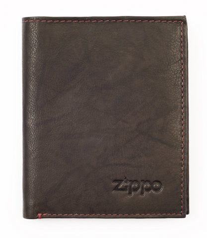 Widok z przodu skórzany portfel brązowy zamknięty z logo Zippo