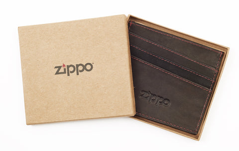 Widok z przodu etui na karty kredytowe brązowe 3 przegródki z logo Zippo w otwartym opakowaniu prezentowym