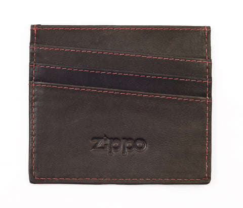 Widok z przodu etui na karty kredytowe brązowe 3 przegródki z logo Zippo