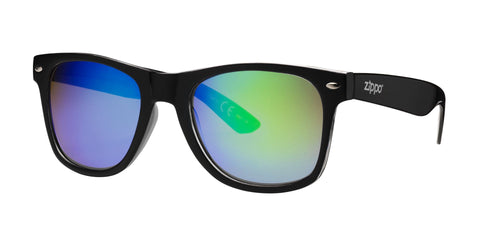 Widok z przodu 3/4 kąta Zippo Okulary przeciwsłoneczne kwadratowe czarne z zielonymi soczewkami