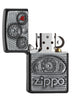 Zapalniczka Zippo czarna emblemat z prędkościomierzem i logo Zippo pod spodem otwarta