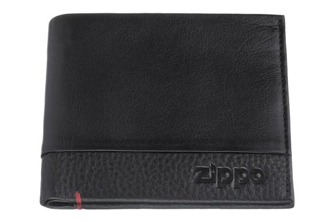 Widok z przodu skórzany portfel czarny zamknięty z logo Zippo