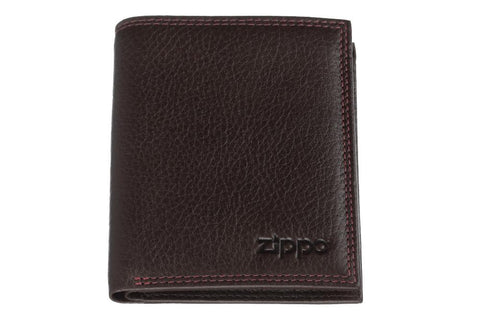 Widok z przodu skórzany portfel Zippo brązowy zamknięty z logo Zippo