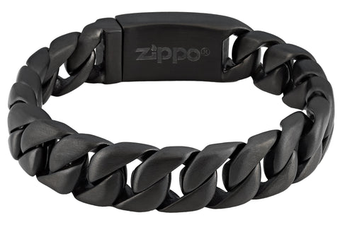 Widok z przodu bransoletka Zippo ze stali nierdzewnej czarna z grubymi ogniwami i logo Zippo po wewnętrznej stronie zapięcia