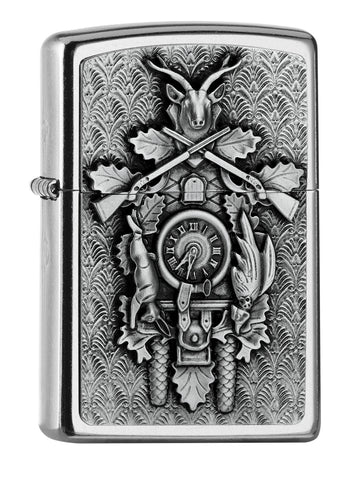 Widok z przodu kąt 3/4 zapalniczka Zippo chrom emblemat z zegarem z kukułką