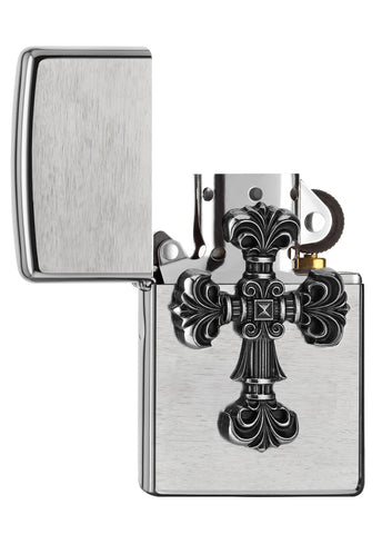 Zapalniczka Zippo chrom z emblematem ozdobnego krzyża otwarta