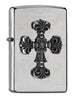 Widok z przodu kąt 3/4 zapalniczka Zippo chrom z emblematem ozdobnego krzyża