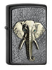 Widok z przodu kąt 3/4 zapalniczka Zippo emblemat ze złotą głową słonia z zielonymi oczami z kryształków