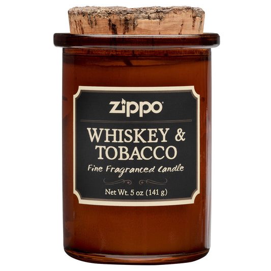 Widok z przodu świeca Zippo Whiskey and Tobacco brązowa z korkową pokrywką