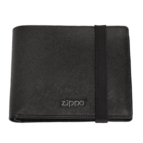 Portfel Zippo ze skóry saffiano z logo Zippo widok z przodu z gumowym zapięciem
