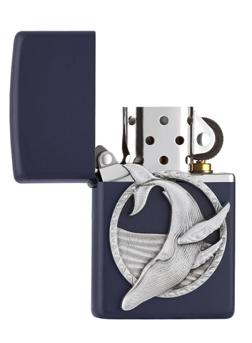 Zapalniczka Zippo ciemnoniebieska emblemat płetwal błękitny otwarta