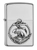 Widok z przodu kąt 3/4 zapalniczka Zippo Satin Chrome emblemat z rekinem i kotwicą