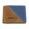 Widok z przodu portfela Zippo z denimem i jasną skórą oraz logo Zippo
