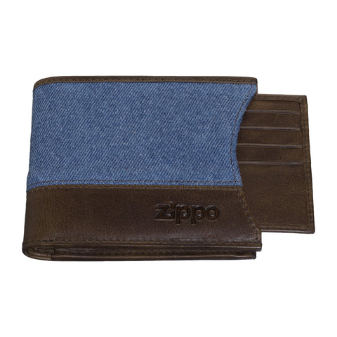 Portfel Zippo z przodu w ciemnobrązowej skórze i denimie z logo i zintegrowanym etui na karty kredytowe