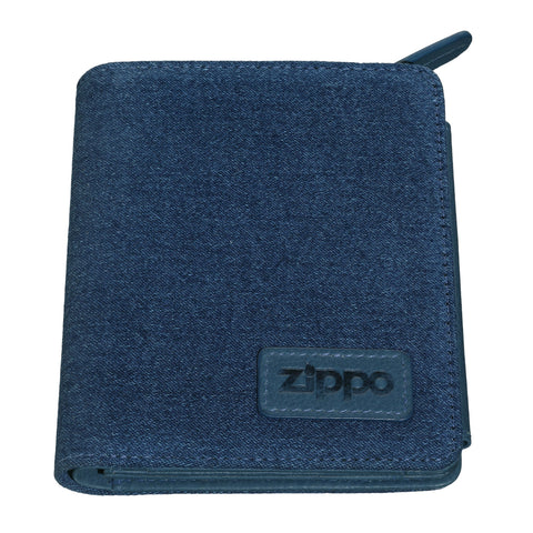 Widok z przodu Zippo Denim i niebieski skórzany portfel z zamkiem błyskawicznym i logo
