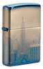 Widok z przodu 3/4 Zapalniczka Zippo 360 stopni polerowana na niebiesko z linią Nowego Jorku Empire State Building Tylko Online