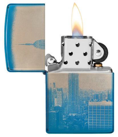Zapalniczka Zippo 360 stopni polerowana na niebiesko z panoramą Nowego Jorku Empire State Building Tylko online Otwórz płomieniem