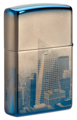 Zapalniczka Zippo z widokiem z tyłu 3/4 kąta 360 stopni polerowana na niebiesko z panoramą Nowego Jorku Empire State Building tylko online