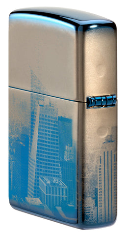 Widok z boku z tyłu pod kątem 3/4 Zapalniczka Zippo 360 stopni polerowana na niebiesko z panoramą Nowego Jorku Empire State Building Tylko online