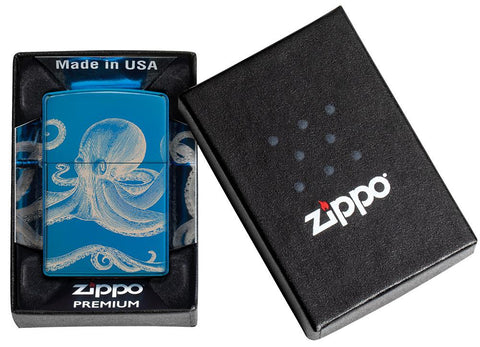 Zapalniczka Zippo o wysokim połysku w kolorze niebieskim 360 stopni z ośmiornicą Tylko online w otwartym pudełku prezentowym premium