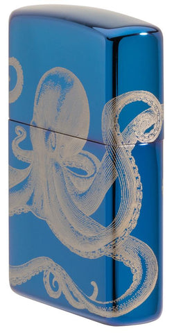 Widok z boku z przodu zapalniczka Zippo w kolorze niebieskim o wysokim połysku 360 stopni z Octopus Online Only