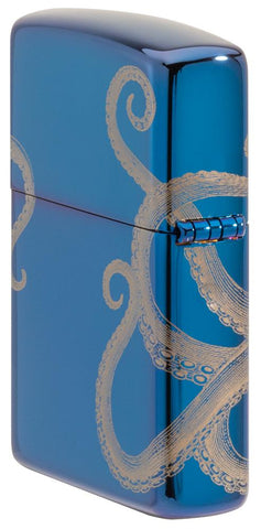 Widok z boku z tyłu Zapalniczka Zippo w kolorze niebieskim o wysokim połysku 360 stopni z ośmiornicą Tylko online